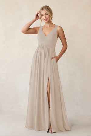 A - Line V - Neck Pleated Chiffon Bridesmaid Dress in Frost - KISS BRIDAL Bridesmaid Dresses