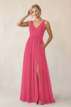 A - Line V - Neck Pleated Chiffon Bridesmaid Dress in Fuchsia - SHE IS ME Bridesmaid Dresses