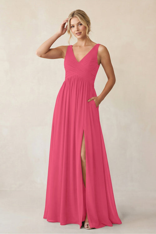 A - Line V - Neck Pleated Chiffon Bridesmaid Dress in Fuchsia - SHE IS ME Bridesmaid Dresses