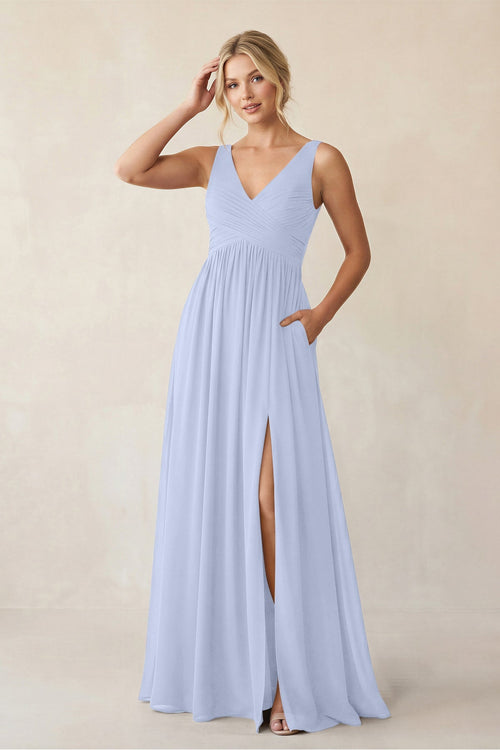 A - Line V - Neck Pleated Chiffon Bridesmaid Dress in Ice - KISS BRIDAL Bridesmaid Dresses