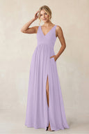 A - Line V - Neck Pleated Chiffon Bridesmaid Dress in Lavender - KISS BRIDAL Bridesmaid Dresses