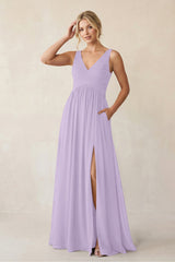 A - Line V - Neck Pleated Chiffon Bridesmaid Dress in Lavender - KISS BRIDAL Bridesmaid Dresses
