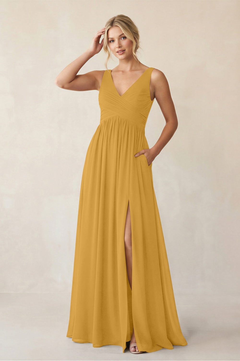 A - Line V - Neck Pleated Chiffon Bridesmaid Dress in Marigold - KISS BRIDAL Bridesmaid Dresses