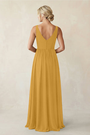 A - Line V - Neck Pleated Chiffon Bridesmaid Dress in Marigold - KISS BRIDAL Bridesmaid Dresses