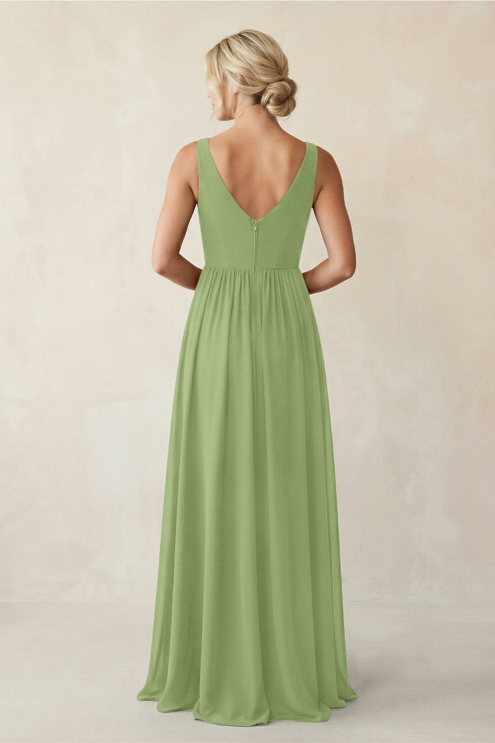 A - Line V - Neck Pleated Chiffon Bridesmaid Dress in Matcha - KISS BRIDAL Bridesmaid Dresses
