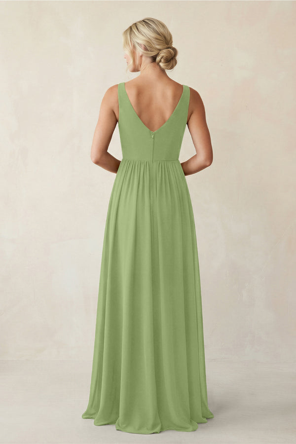 A - Line V - Neck Pleated Chiffon Bridesmaid Dress in Matcha - KISS BRIDAL Bridesmaid Dresses