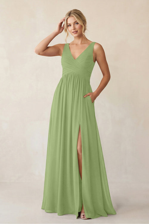 A - Line V - Neck Pleated Chiffon Bridesmaid Dress in Matcha - KISS BRIDAL Bridesmaid Dresses