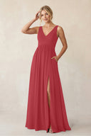A - Line V - Neck Pleated Chiffon Bridesmaid Dress in Merlot - KISS BRIDAL Bridesmaid Dresses