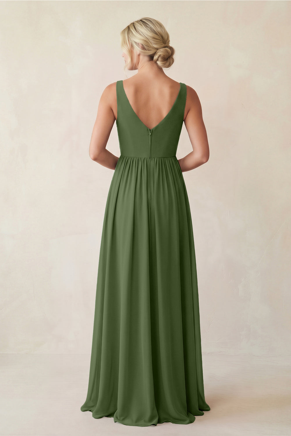 A-Line V-Neck Pleated Chiffon Bridesmaid Dress in Moss