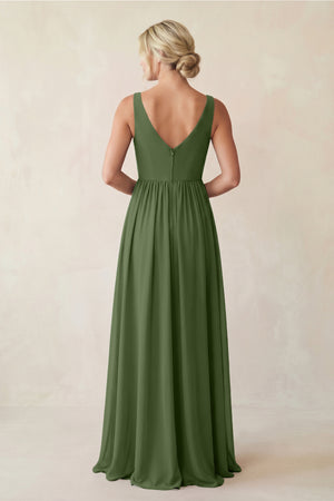 A-Line V-Neck Pleated Chiffon Bridesmaid Dress in Moss (2) | KISSBRIDAL