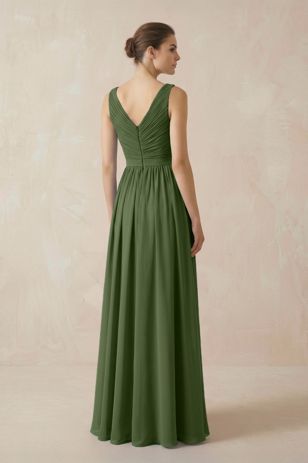 A-Line V-Neck Pleated Chiffon Bridesmaid Dress in Moss