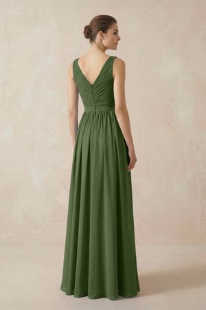 A-Line V-Neck Pleated Chiffon Bridesmaid Dress in Moss (2) | KISSBRIDAL