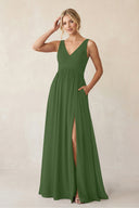 A - Line V - Neck Pleated Chiffon Bridesmaid Dress in Moss - KISS BRIDAL Bridesmaid Dresses