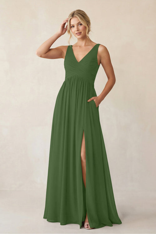A - Line V - Neck Pleated Chiffon Bridesmaid Dress in Moss - KISS BRIDAL Bridesmaid Dresses