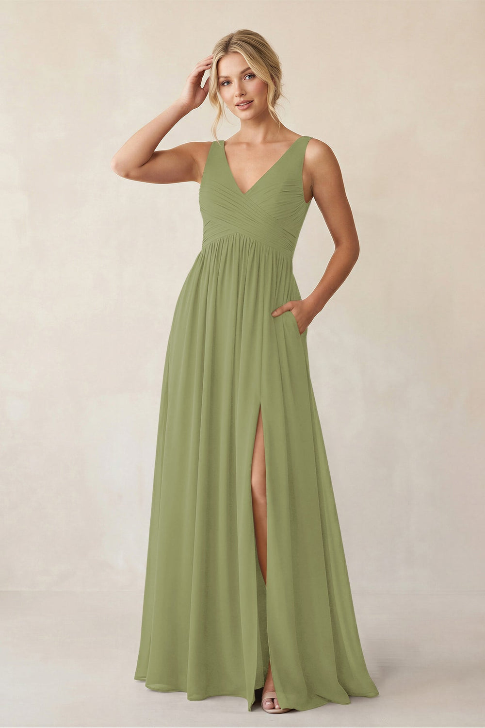 A - Line V - Neck Pleated Chiffon Bridesmaid Dress in Moss Green - KISS BRIDAL Bridesmaid Dresses