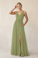 A - Line V - Neck Pleated Chiffon Bridesmaid Dress in Moss Green - KISS BRIDAL Bridesmaid Dresses