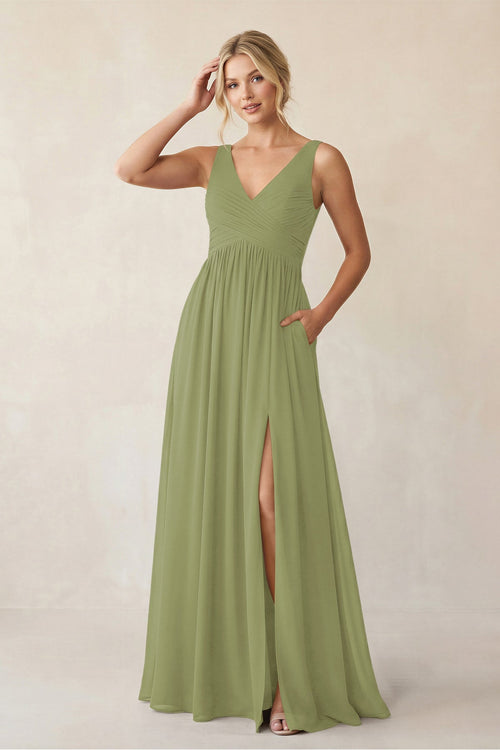 A - Line V - Neck Pleated Chiffon Bridesmaid Dress in Moss Green - KISS BRIDAL Bridesmaid Dresses