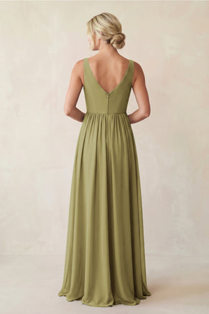 A-Line V-Neck Pleated Chiffon Bridesmaid Dress in Moss Green (2) | KISSBRIDAL