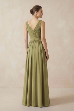 A-Line V-Neck Pleated Chiffon Bridesmaid Dress in Moss Green (2) | KISSBRIDAL