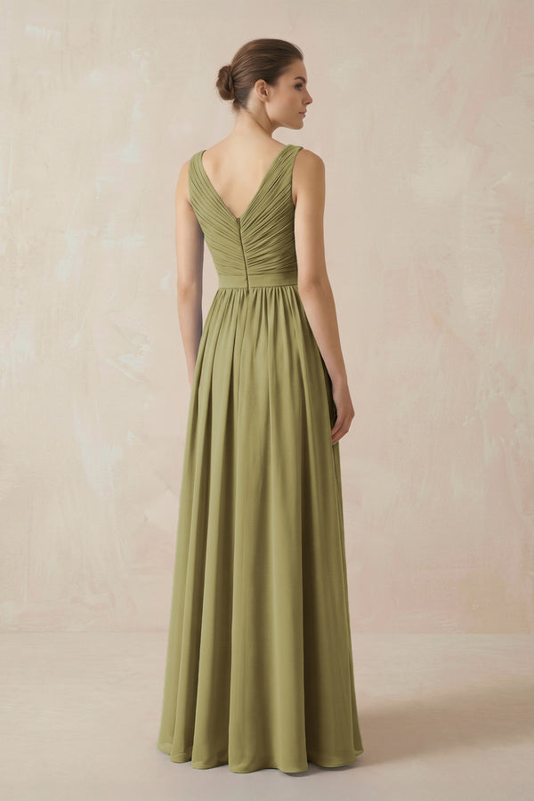 A-Line V-Neck Pleated Chiffon Bridesmaid Dress in Moss Green (2) | KISSBRIDAL
