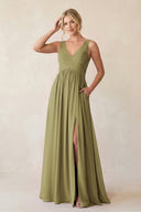 A-Line V-Neck Pleated Chiffon Bridesmaid Dress in Moss Green | KISSBRIDAL
