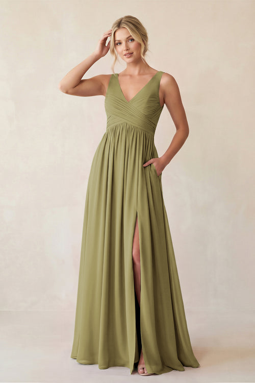 A-Line V-Neck Pleated Chiffon Bridesmaid Dress in Moss Green | KISSBRIDAL
