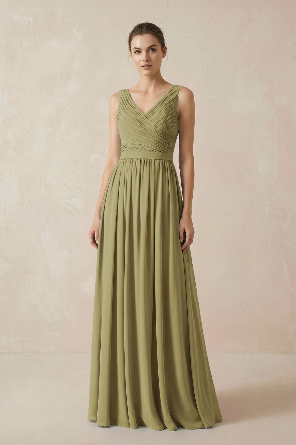 A-Line V-Neck Pleated Chiffon Bridesmaid Dress in Moss Green