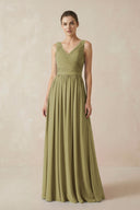 A-Line V-Neck Pleated Chiffon Bridesmaid Dress in Moss Green | KISSBRIDAL