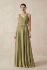 A-Line V-Neck Pleated Chiffon Bridesmaid Dress in Moss Green | KISSBRIDAL