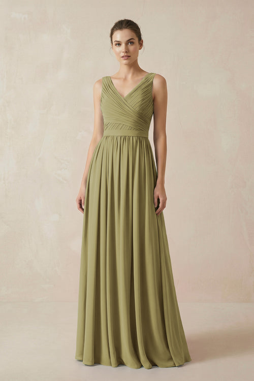 A-Line V-Neck Pleated Chiffon Bridesmaid Dress in Moss Green | KISSBRIDAL