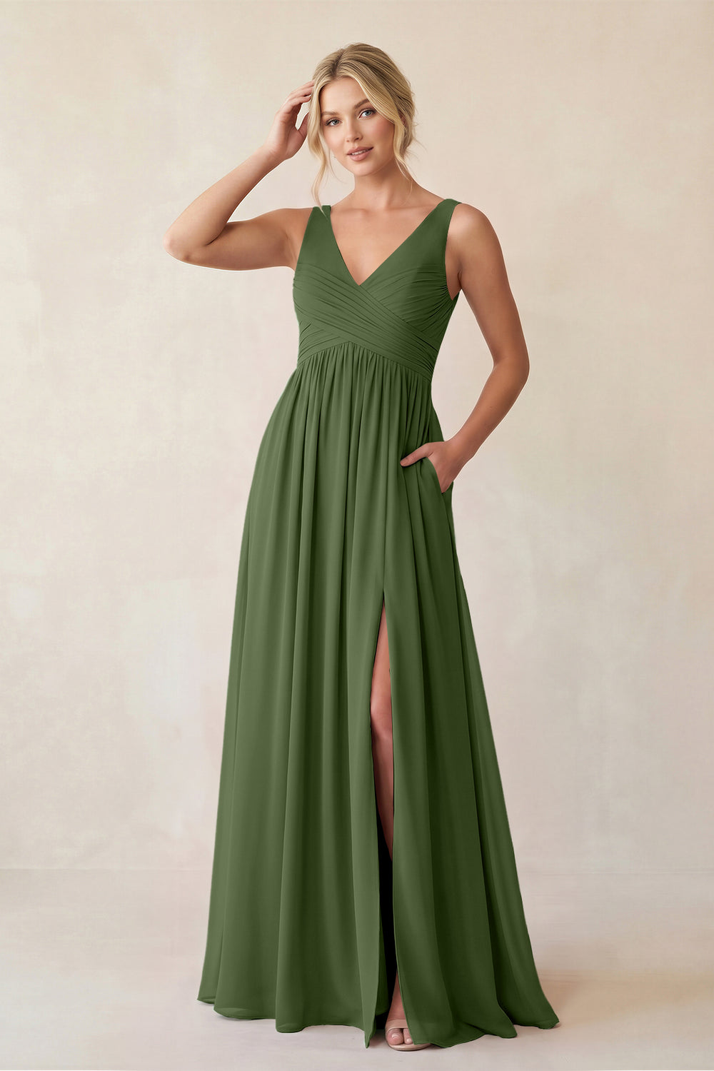 A-Line V-Neck Pleated Chiffon Bridesmaid Dress in Moss