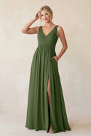 A-Line V-Neck Pleated Chiffon Bridesmaid Dress in Moss | KISSBRIDAL