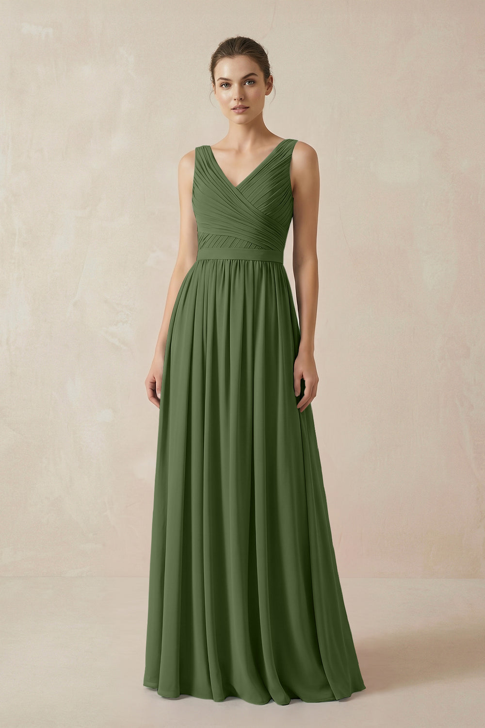 A-Line V-Neck Pleated Chiffon Bridesmaid Dress in Moss