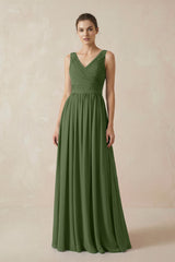A-Line V-Neck Pleated Chiffon Bridesmaid Dress in Moss | KISSBRIDAL