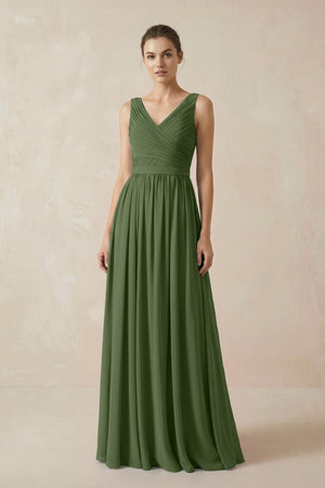 A-Line V-Neck Pleated Chiffon Bridesmaid Dress in Moss | KISSBRIDAL