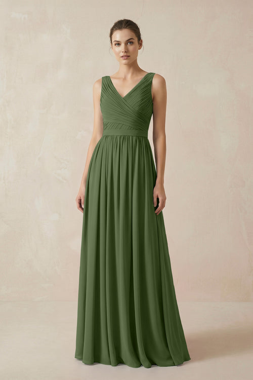 A-Line V-Neck Pleated Chiffon Bridesmaid Dress in Moss | KISSBRIDAL