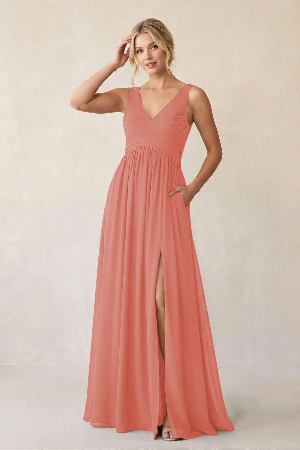 A - Line V - Neck Pleated Chiffon Bridesmaid Dress in Mulberry - KISS BRIDAL Bridesmaid Dresses