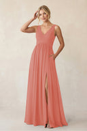 A - Line V - Neck Pleated Chiffon Bridesmaid Dress in Mulberry - KISS BRIDAL Bridesmaid Dresses