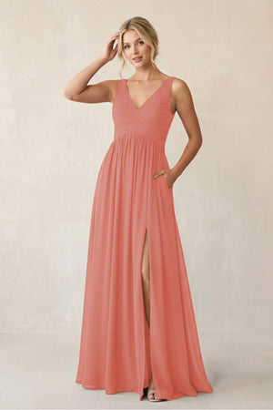 A - Line V - Neck Pleated Chiffon Bridesmaid Dress in Mulberry - KISS BRIDAL Bridesmaid Dresses