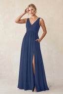A - Line V - Neck Pleated Chiffon Bridesmaid Dress in Navy - KISS BRIDAL Bridesmaid Dresses
