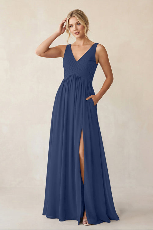 A - Line V - Neck Pleated Chiffon Bridesmaid Dress in Navy - KISS BRIDAL Bridesmaid Dresses