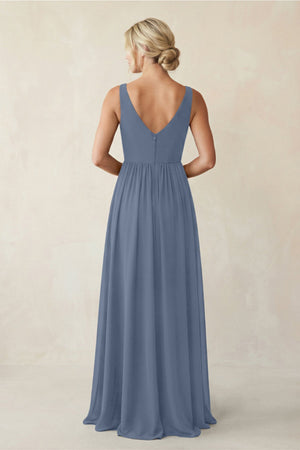 A - Line V - Neck Pleated Chiffon Bridesmaid Dress in Neptune - KISS BRIDAL Bridesmaid Dresses