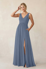 A - Line V - Neck Pleated Chiffon Bridesmaid Dress in Neptune - KISS BRIDAL Bridesmaid Dresses