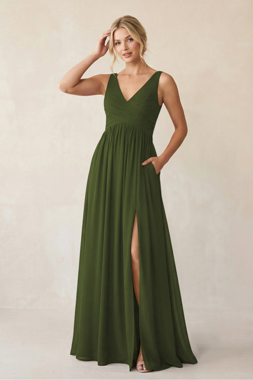 A - Line V - Neck Pleated Chiffon Bridesmaid Dress in Olive - KISS BRIDAL Bridesmaid Dresses