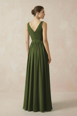 A - Line V - Neck Pleated Chiffon Bridesmaid Dress in Olive - SHE IS ME Bridesmaid Dresses