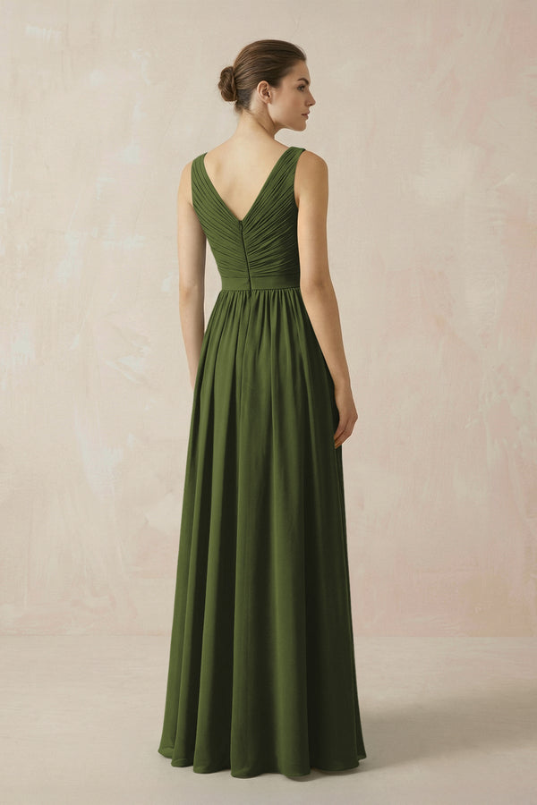 A - Line V - Neck Pleated Chiffon Bridesmaid Dress in Olive - SHE IS ME Bridesmaid Dresses
