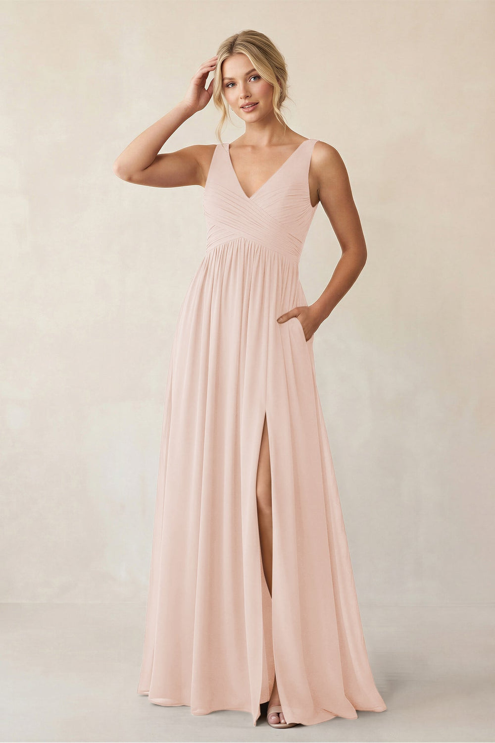 A - Line V - Neck Pleated Chiffon Bridesmaid Dress in Pale Blush - KISS BRIDAL Bridesmaid Dresses