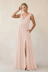 A - Line V - Neck Pleated Chiffon Bridesmaid Dress in Pale Blush - KISS BRIDAL Bridesmaid Dresses