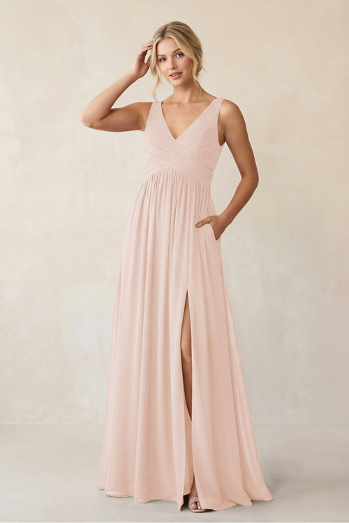 A - Line V - Neck Pleated Chiffon Bridesmaid Dress in Pale Blush - KISS BRIDAL Bridesmaid Dresses