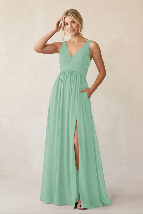 A - Line V - Neck Pleated Chiffon Bridesmaid Dress in Pale Pistachio - SHE IS ME Bridesmaid Dresses